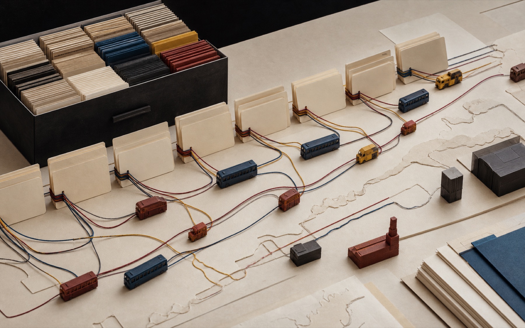 Editorial archive of identity cards, route threads and vehicle models connected across a timeline.