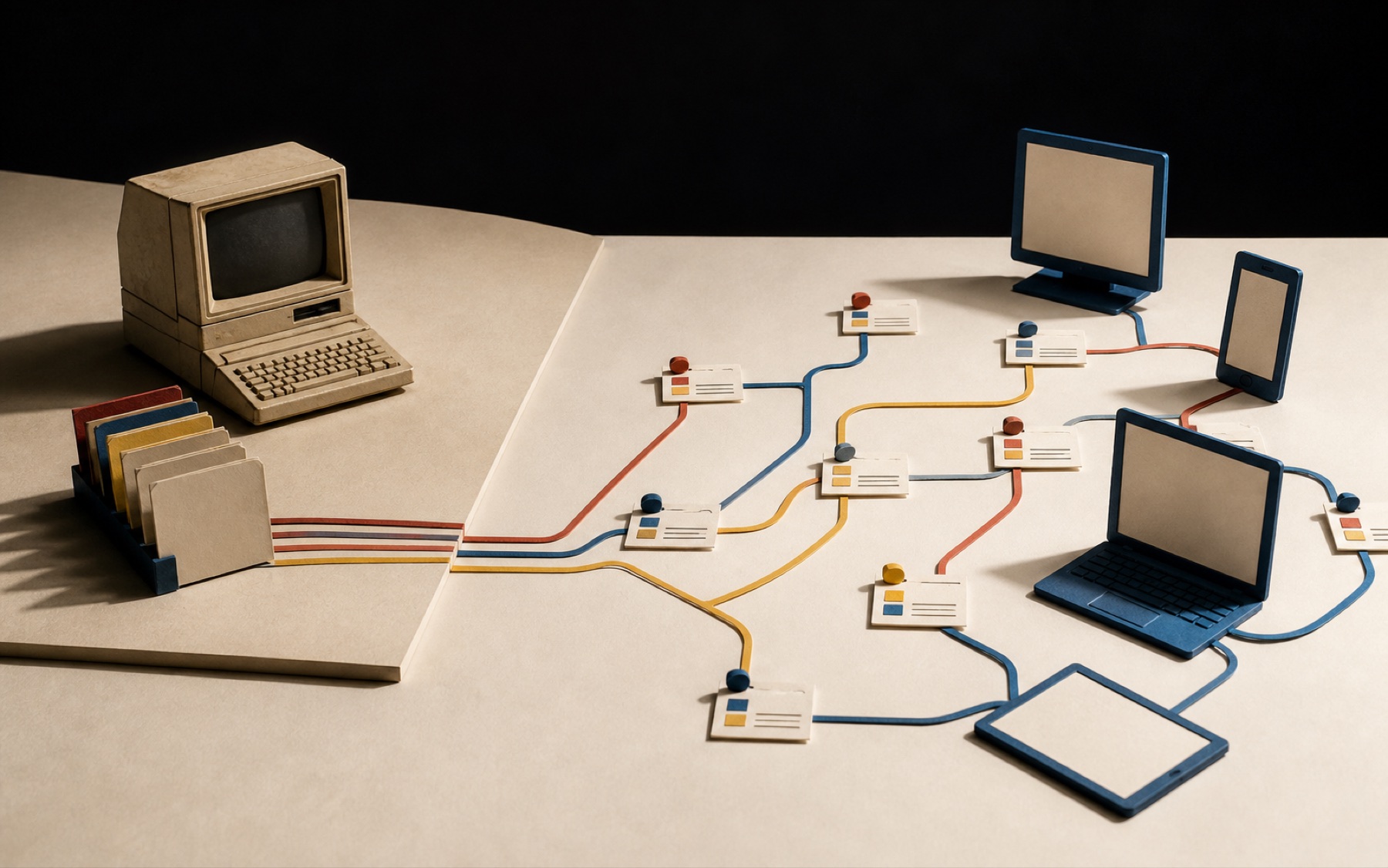 Editorial still life contrasting one obsolete office computer with a connected field of devices and individual identity cards.