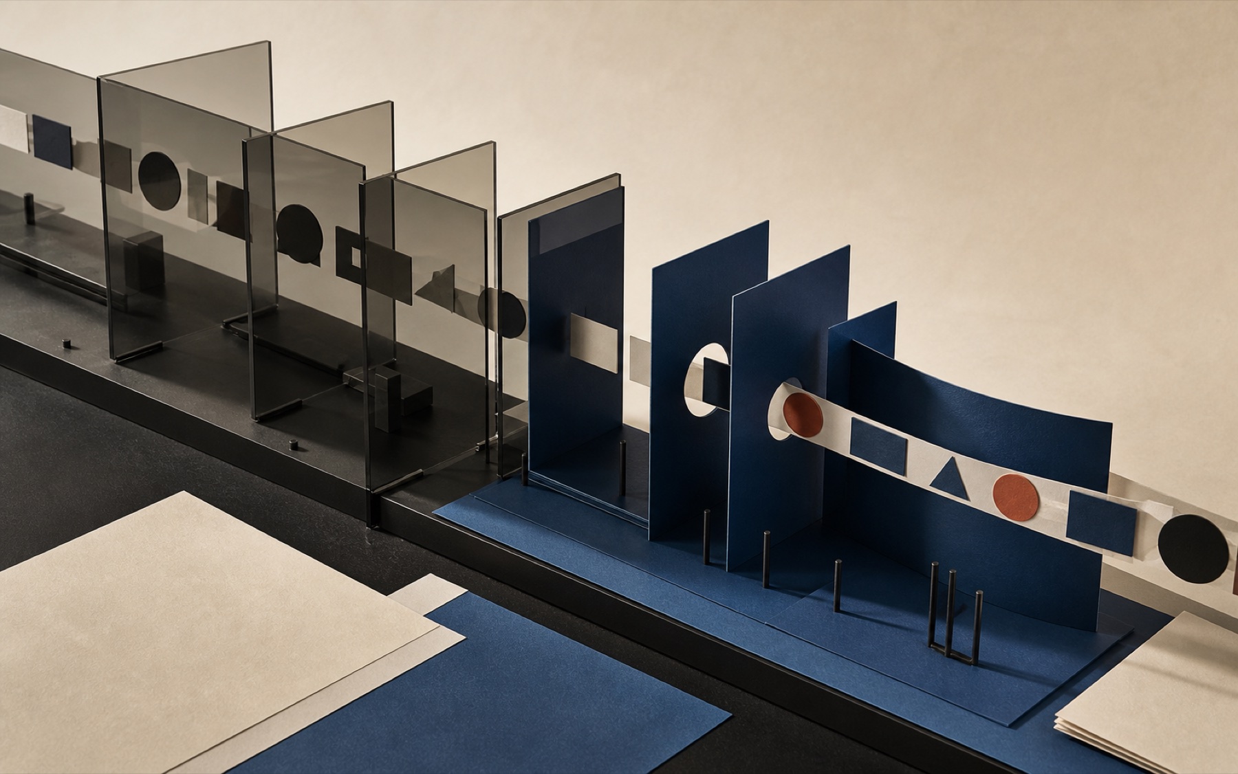 Editorial architectural model with a continuous media ribbon moving through overlapping established and new layers.